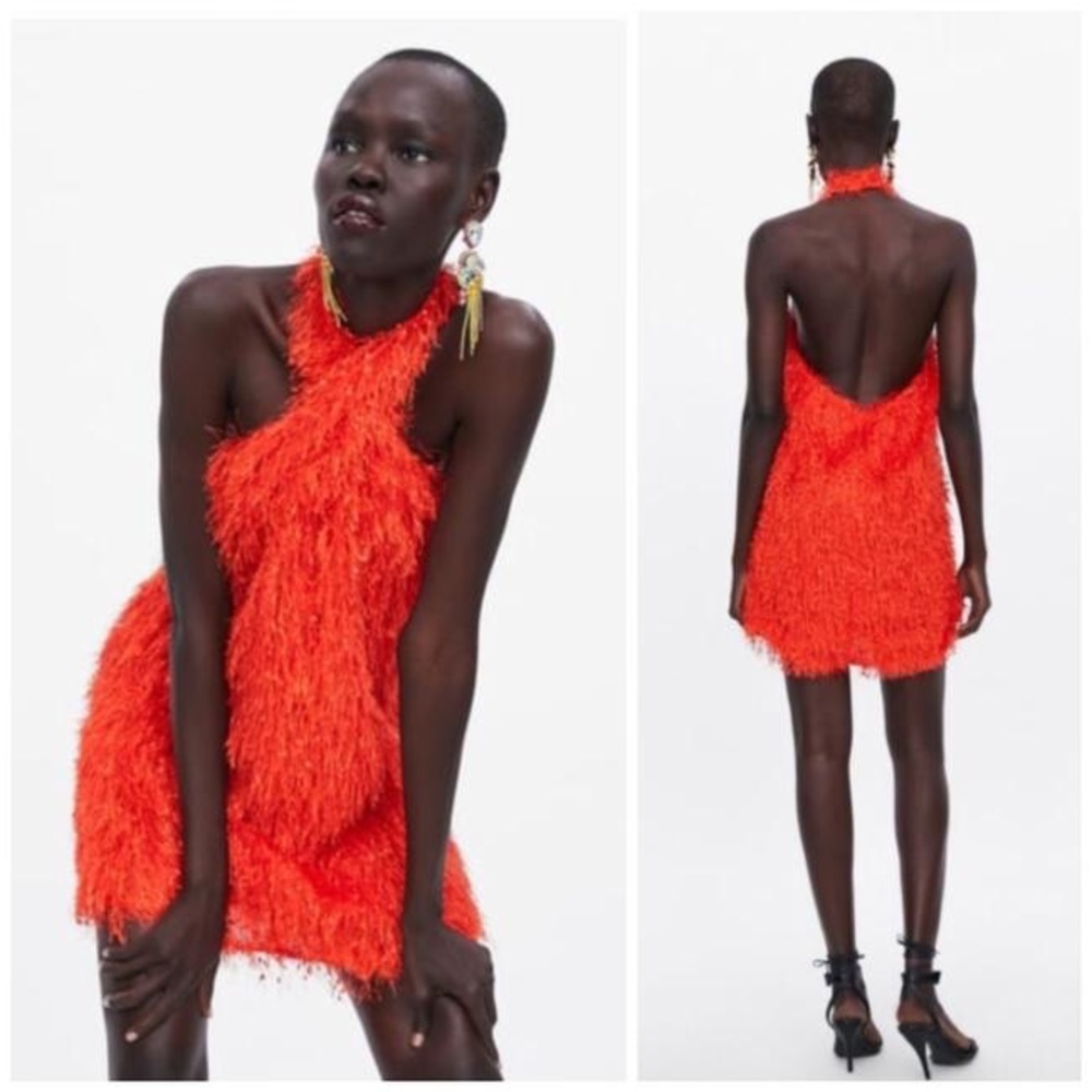 NWT ZARA Fringe Feather Halter Mini Dress